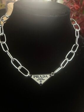 Silver Triangle Logo Chain Necklace with White Enamel